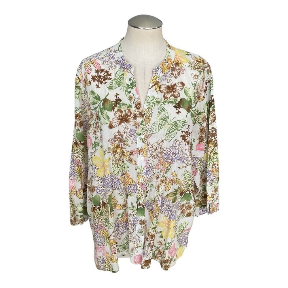 Salon Studio Floral Butterfly Button Front Cotton Blouse XL Boho